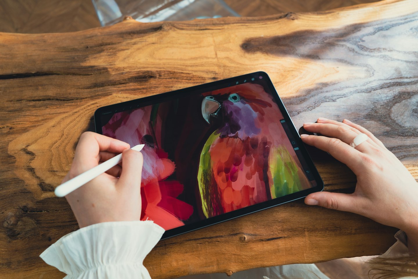 Hands using a stylus to digitally paint a parrot on a tablet.